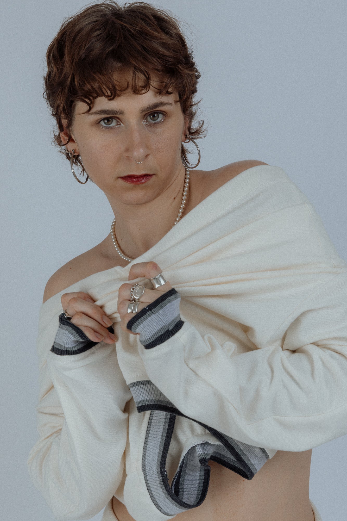 Embroided Ivory V-Neck Sweater